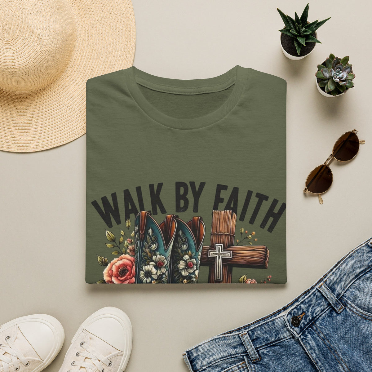 Walk By Faith T-Shirt — Western Boots & Cross Floral Christian Tee