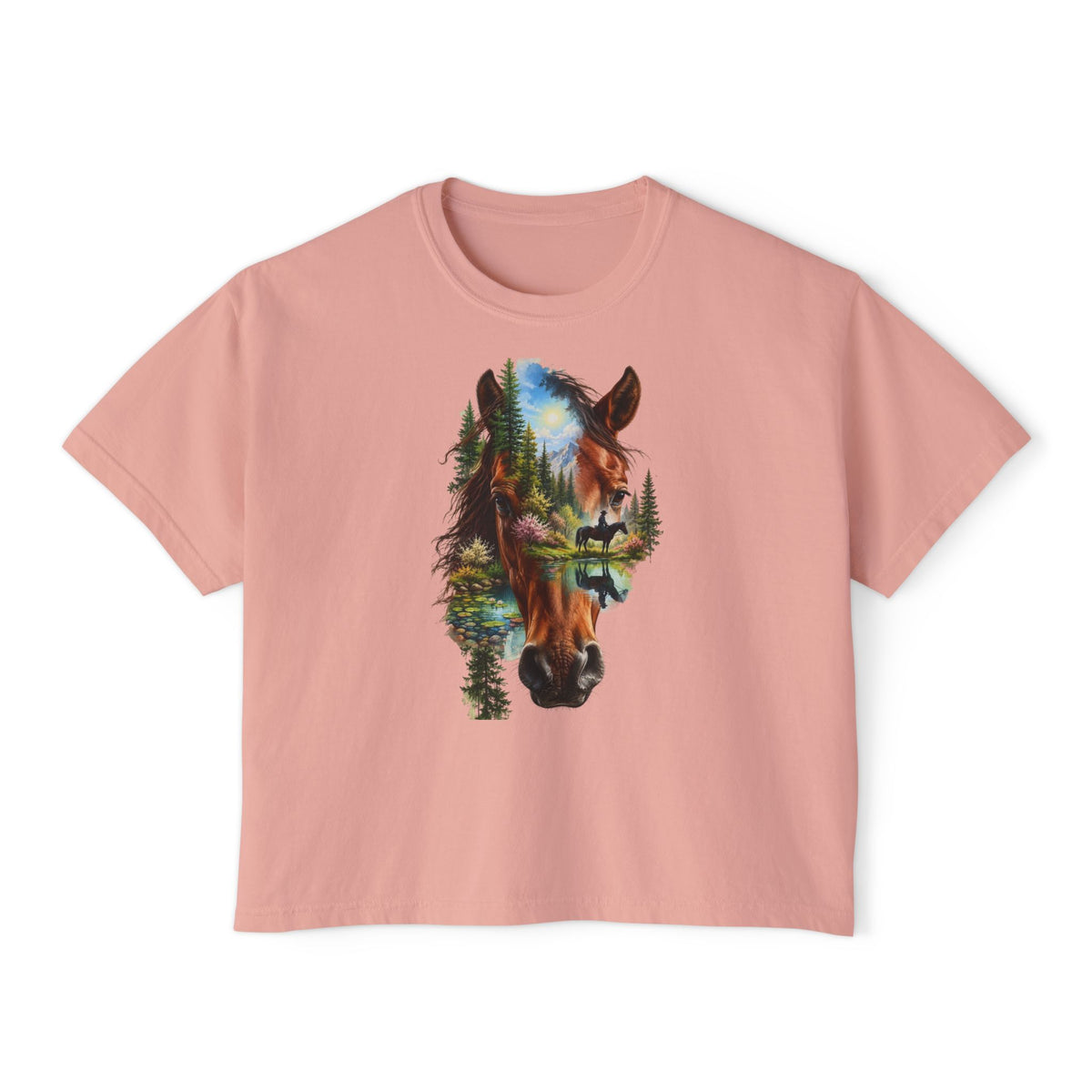 Women's Boxy Tee – Scenic Horse Double Exposure Graphic