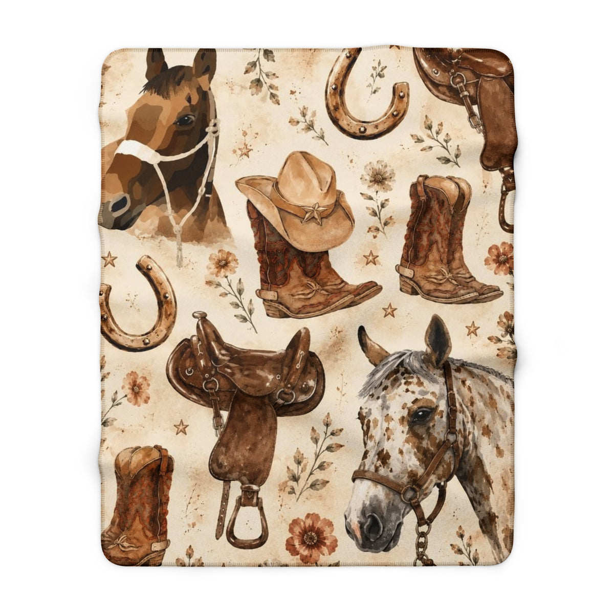 Cowboy Horse Sherpa Blanket - Western Boots, Saddles & Horses Throw