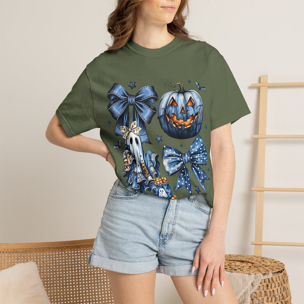 Halloween Blue Pumpkin & Ghost Graphic T-Shirt — Cute Spooky Bow Design