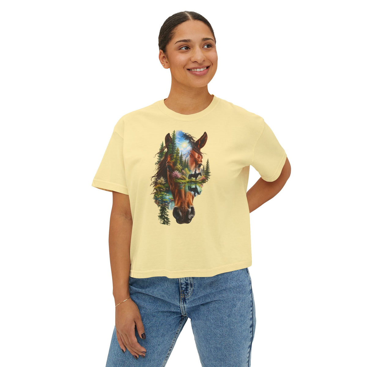 Women's Boxy Tee – Scenic Horse Double Exposure Graphic