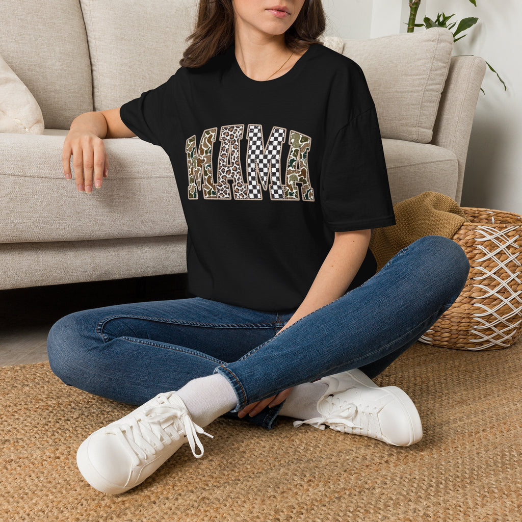 Mama Graphic T-Shirt — Patchwork Leopard, Camo & Checkerboard Design
