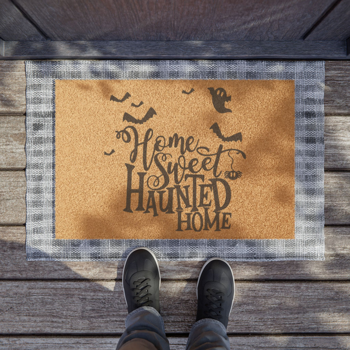 Home Sweet Haunted Home Doormat – Halloween Welcome Mat with Ghosts & Bats