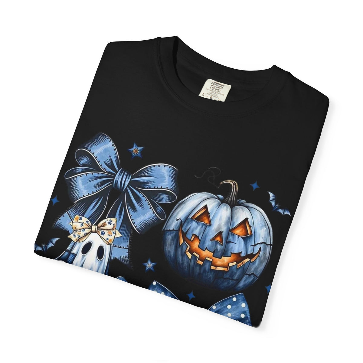 Halloween Blue Pumpkin & Ghost Graphic T-Shirt — Cute Spooky Bow Design