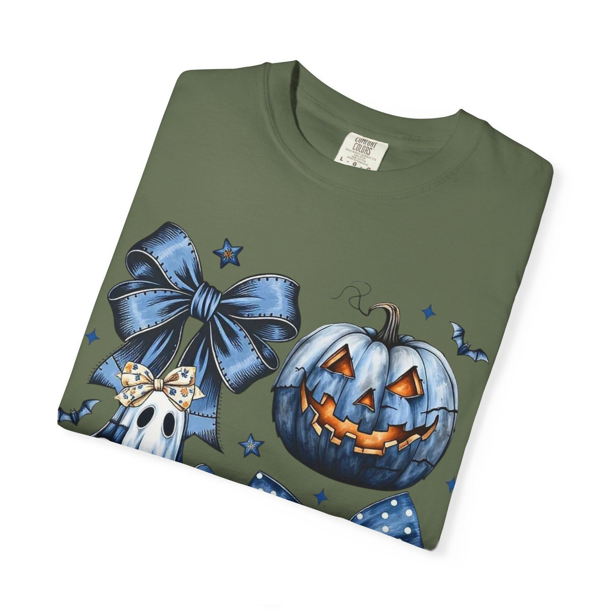 Halloween Blue Pumpkin & Ghost Graphic T-Shirt — Cute Spooky Bow Design