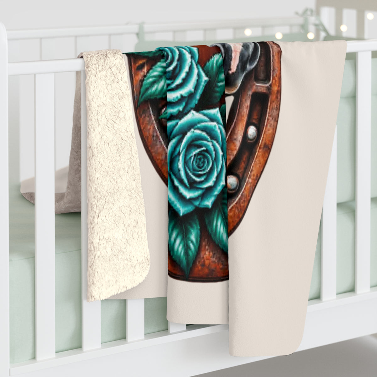 Horse & Horseshoe Sherpa Blanket — Teal Mane Floral Equestrian Throw