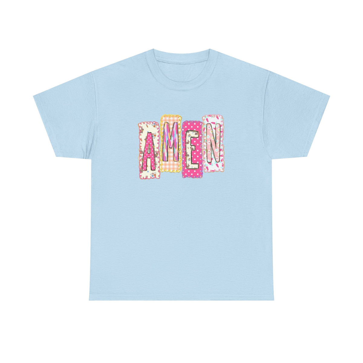 Amen Graphic Tee — Pink Patchwork Lettering Christian T‑Shirt