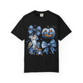 Halloween Blue Pumpkin & Ghost Graphic T-Shirt — Cute Spooky Bow Design