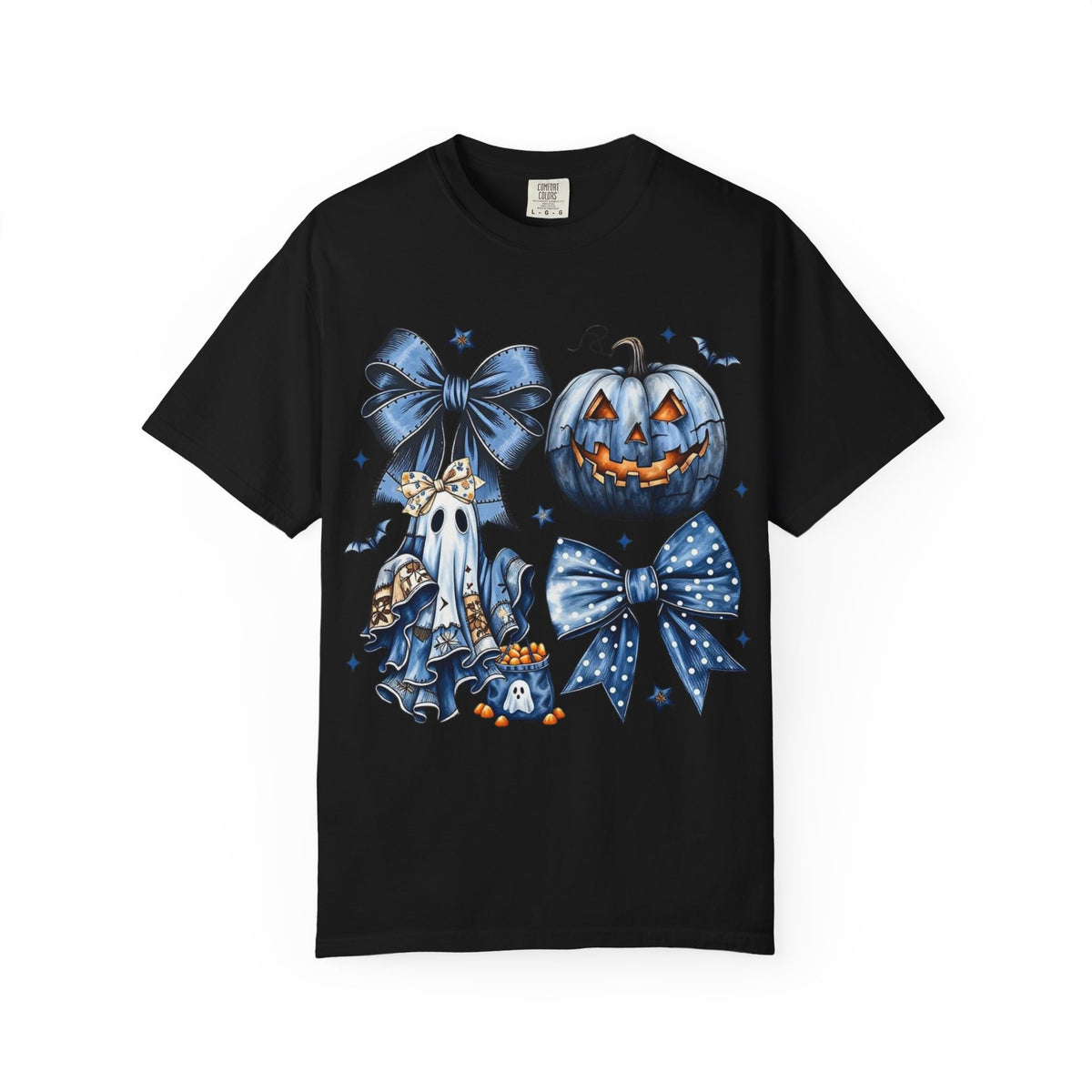 Halloween Blue Pumpkin & Ghost Graphic T-Shirt — Cute Spooky Bow Design