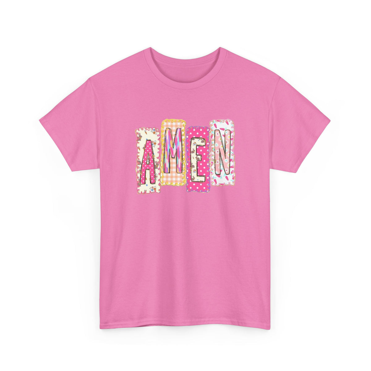 Amen Graphic Tee — Pink Patchwork Lettering Christian T‑Shirt