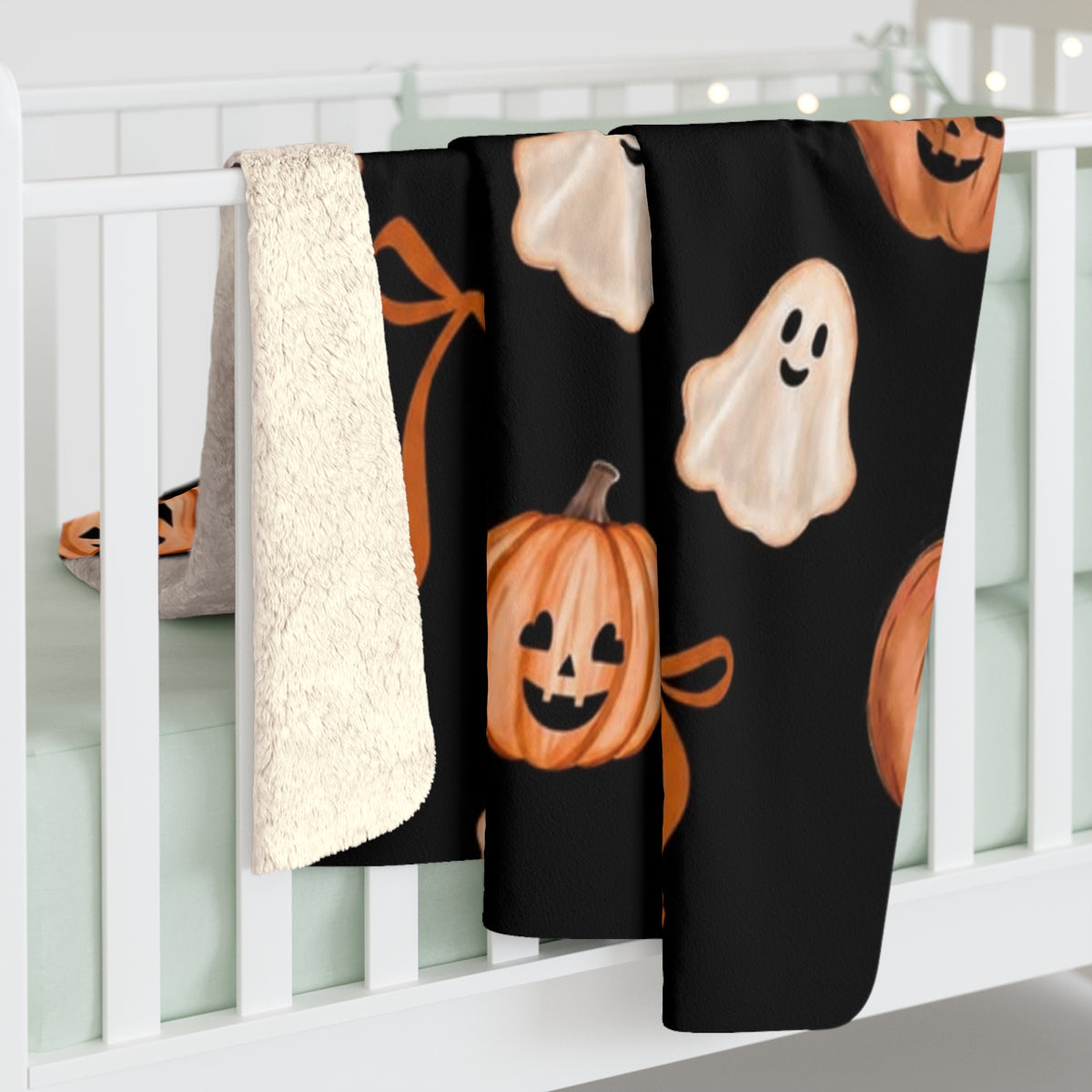 Halloween Sherpa Blanket — Cute Ghosts & Jack-o'-Lanterns Fleece Throw
