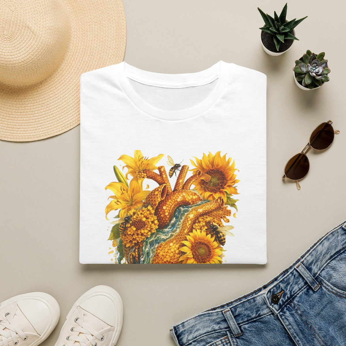 Sunflower Heart with water flowing T-Shirt — Floral  Graphic Tee