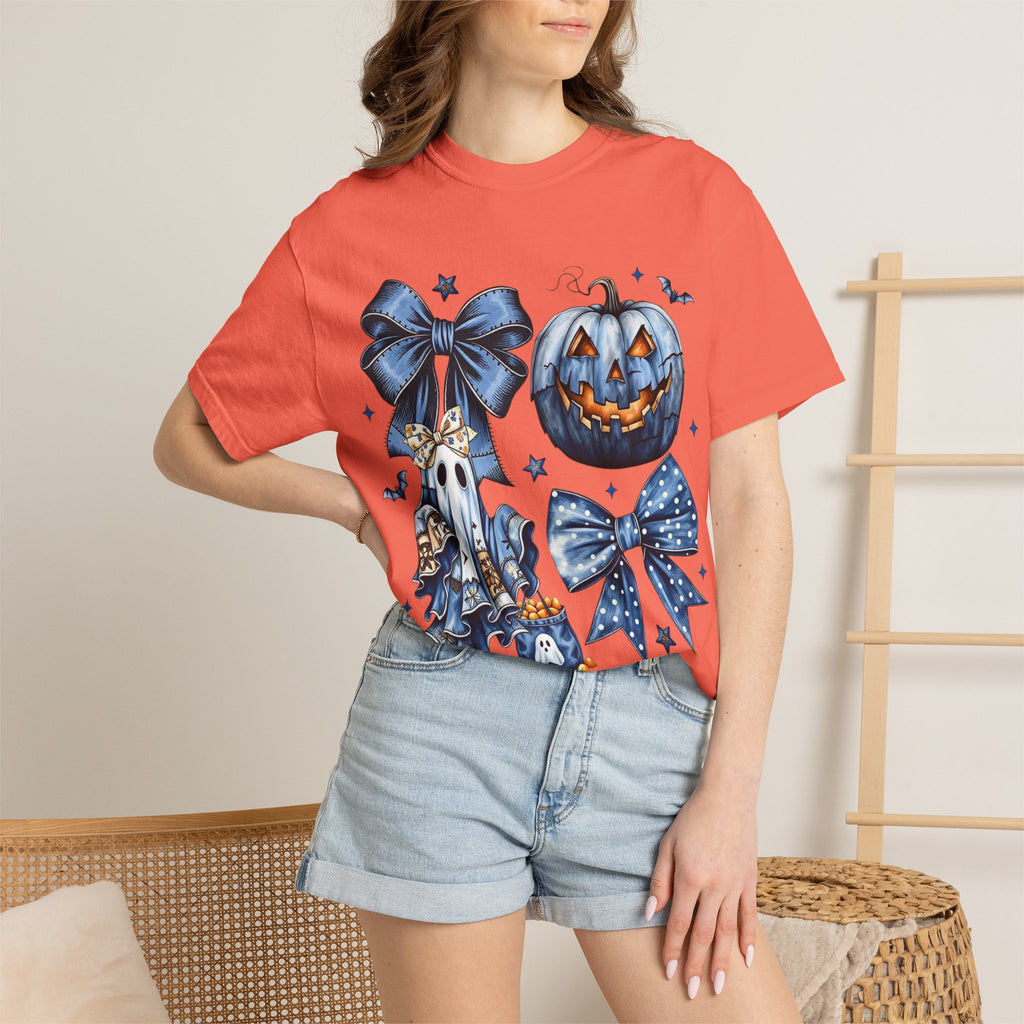 Halloween Blue Pumpkin & Ghost Graphic T-Shirt — Cute Spooky Bow Design
