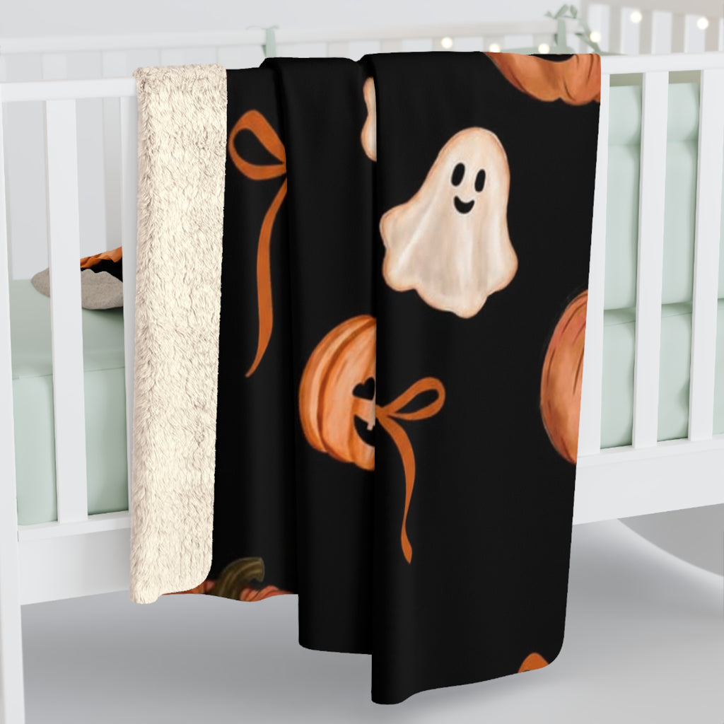 Halloween Sherpa Blanket — Cute Ghosts & Jack-o'-Lanterns Fleece Throw