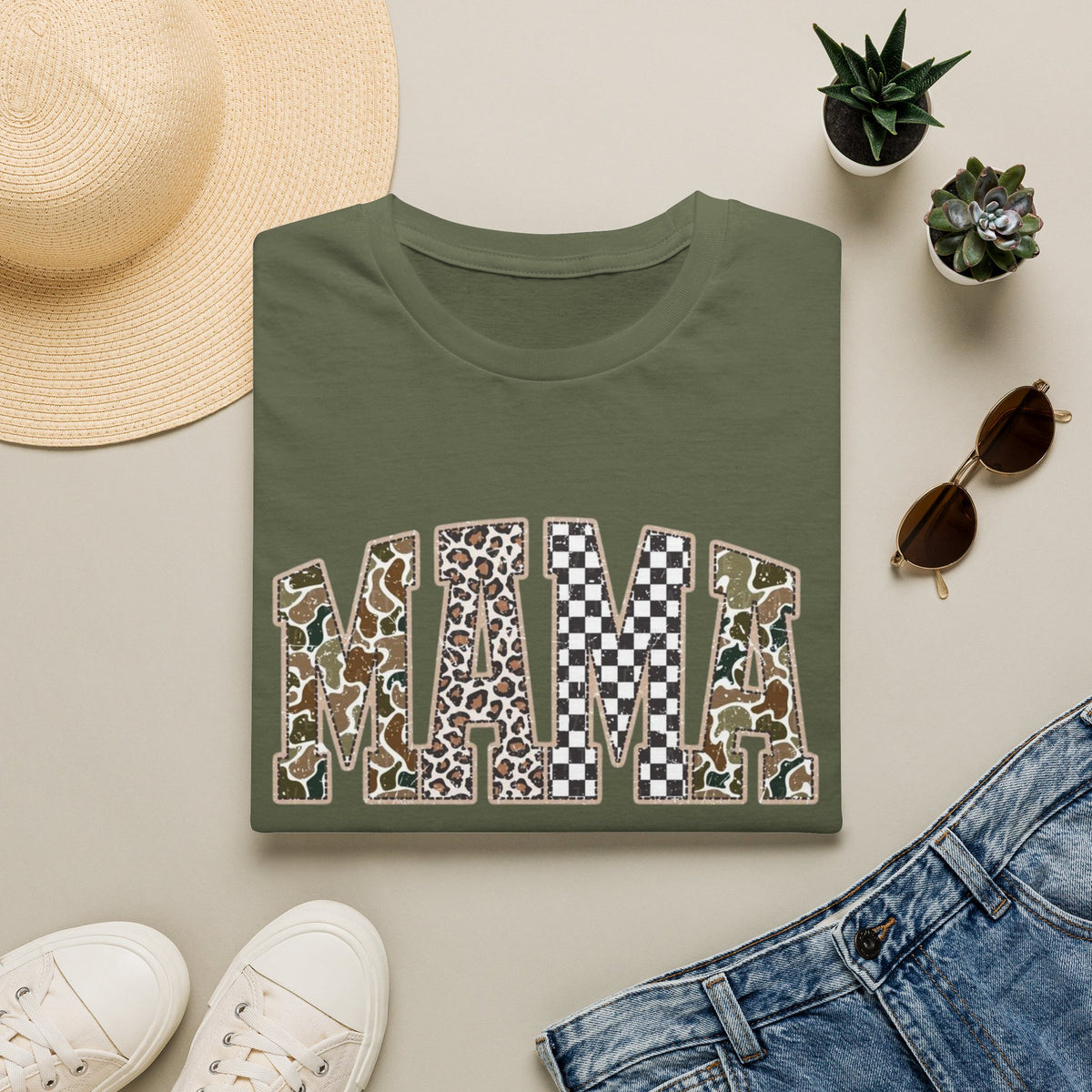 Mama Graphic T-Shirt — Patchwork Leopard, Camo & Checkerboard Design
