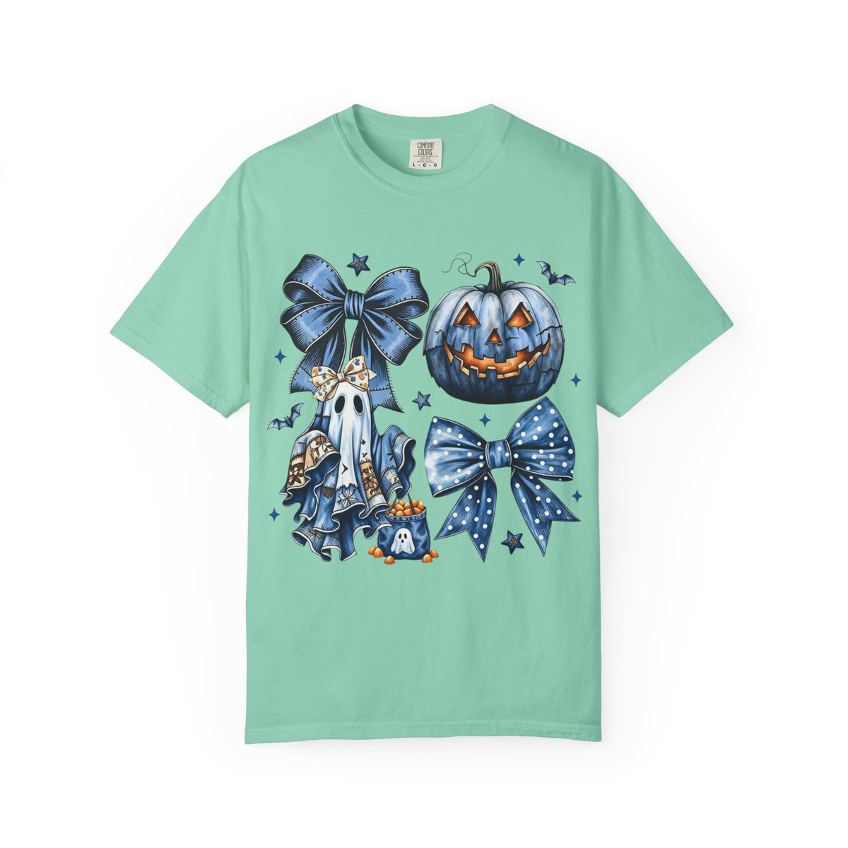 Halloween Blue Pumpkin & Ghost Graphic T-Shirt — Cute Spooky Bow Design