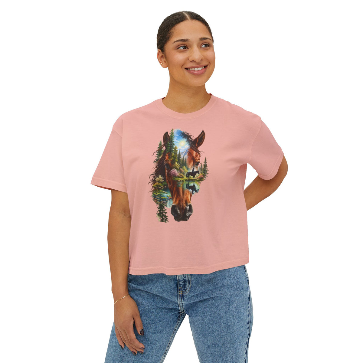 Women's Boxy Tee – Scenic Horse Double Exposure Graphic