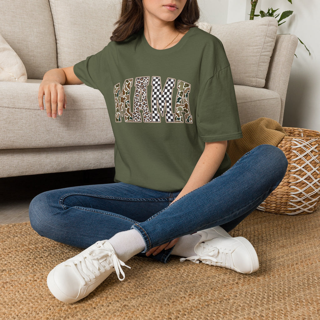 Mama Graphic T-Shirt — Patchwork Leopard, Camo & Checkerboard Design