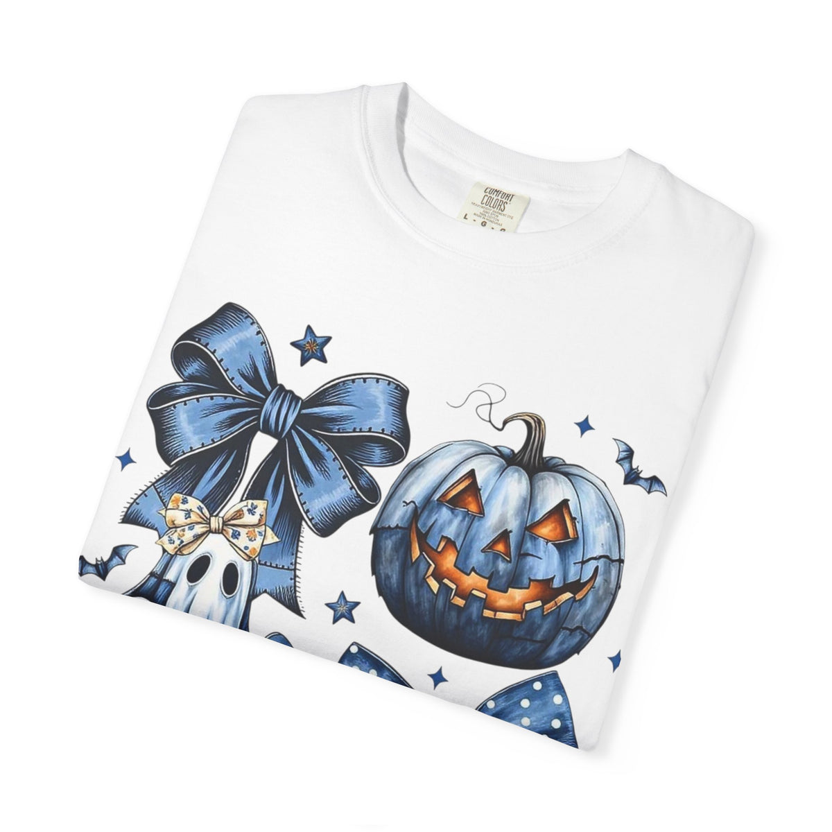 Halloween Blue Pumpkin & Ghost Graphic T-Shirt — Cute Spooky Bow Design
