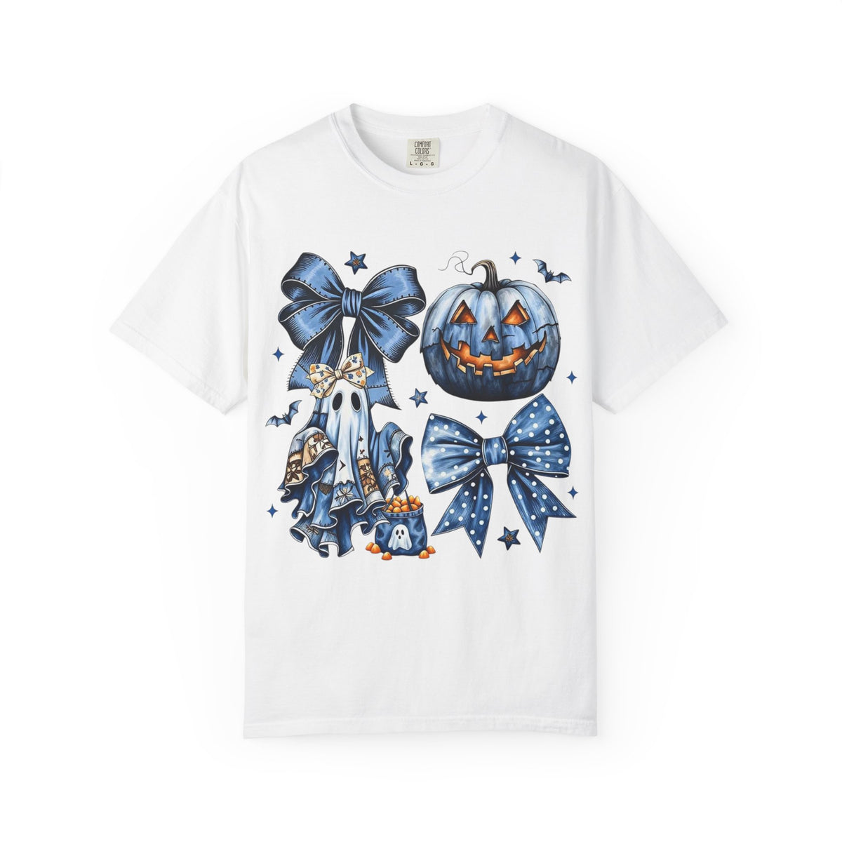 Halloween Blue Pumpkin & Ghost Graphic T-Shirt — Cute Spooky Bow Design