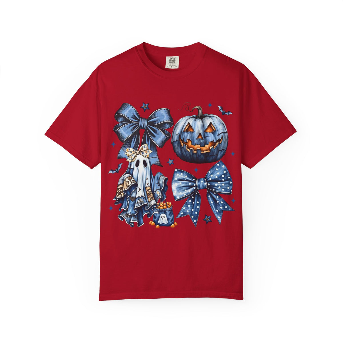 Halloween Blue Pumpkin & Ghost Graphic T-Shirt — Cute Spooky Bow Design