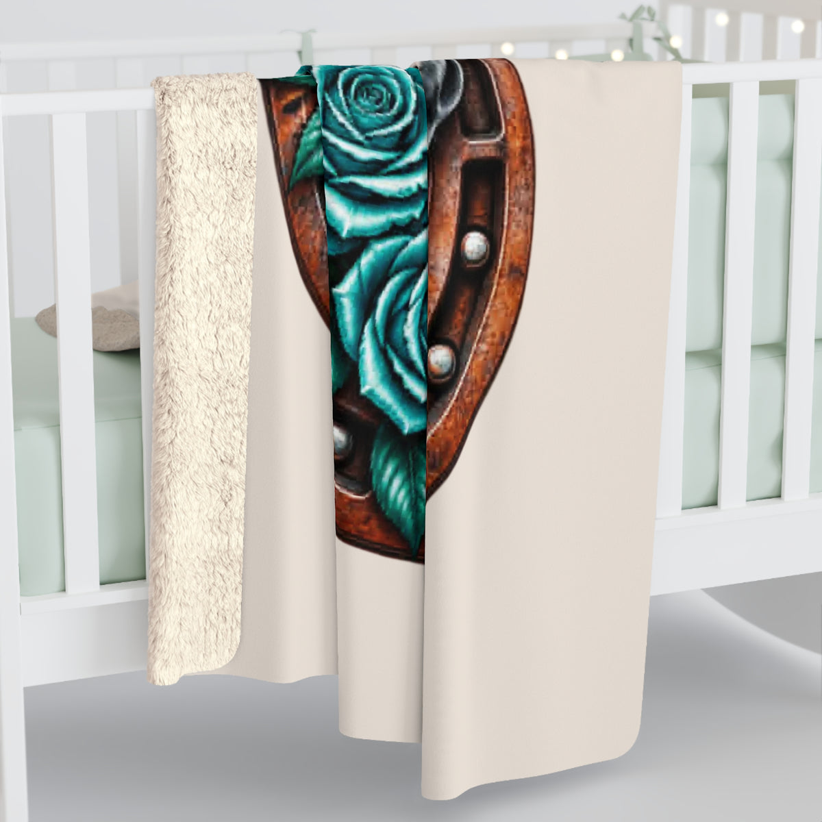 Horse & Horseshoe Sherpa Blanket — Teal Mane Floral Equestrian Throw